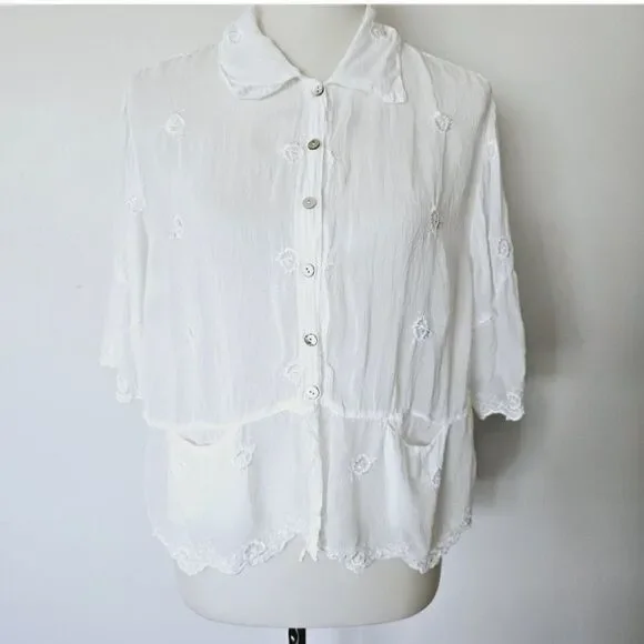 Vintage Johnny Was 90s White Embroidered Semi-Sheer Button Down Size Medium - Picture 2 of 9